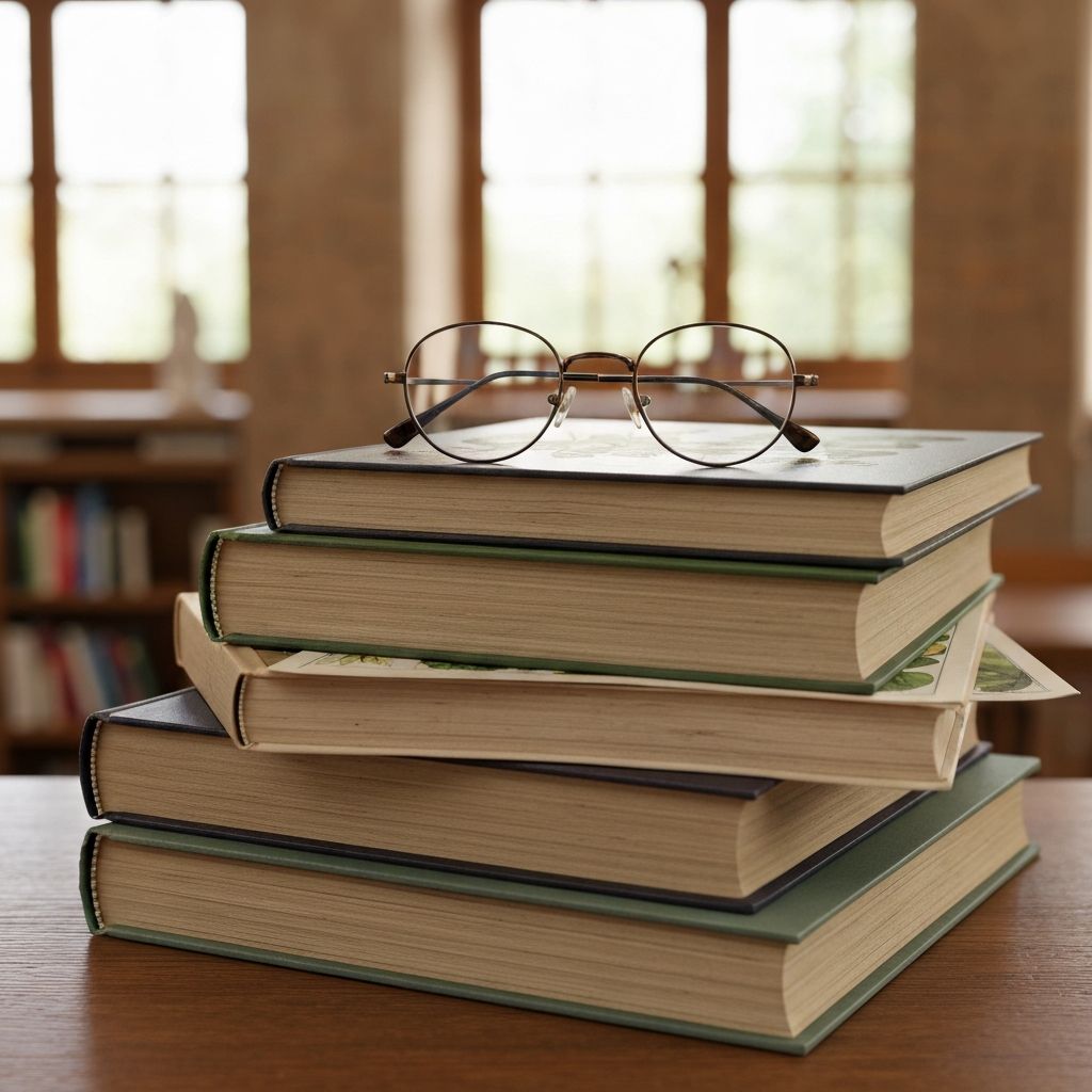 Educational books and botanical specimens